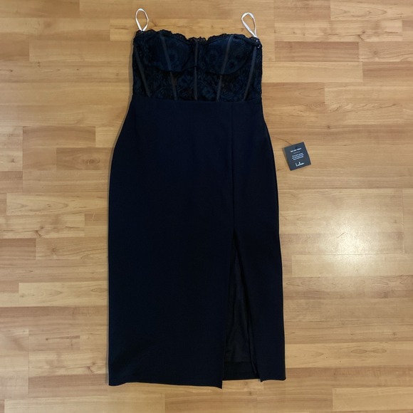 Lulus Sultry Persona Black Lace Strapless Bustier Mermaid‎ Midi Dress Size Large - Picture 14 of 16